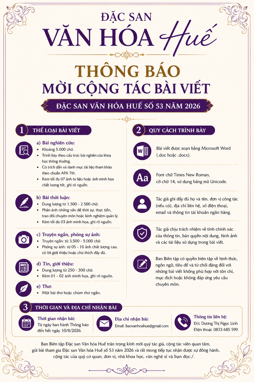 Mời cộng tác bài viết Đặc san Văn hóa Huế số 53 năm 2026