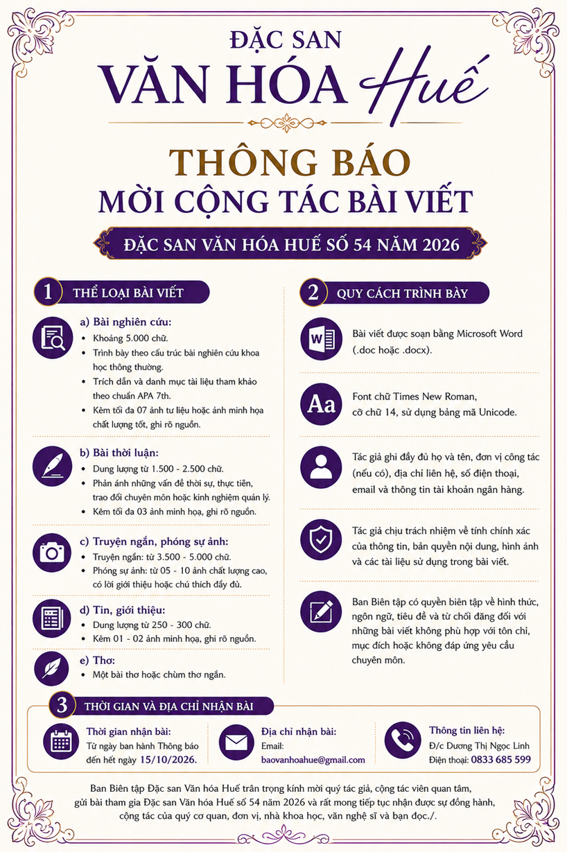Mời cộng tác bài viết Đặc san Văn hóa Huế số 54 năm 2026