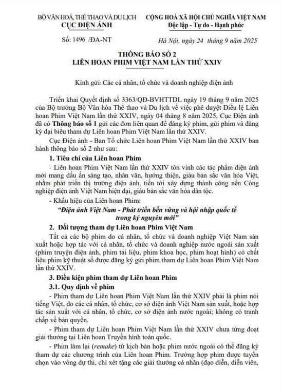 THÔNG BÁO SỐ 2 LIÊN HOAN PHIM VIỆT NAM LẦN THỨ XXIV